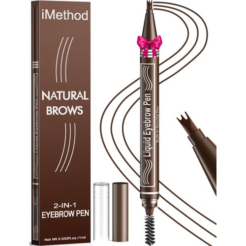 iMethod Microblading Eyebrow Pen - Eyebrow Pencil 2-in-1 Dual-Ended Eye Brow Pencils for Women with 3-Fork-Tip and Spoolie Brush Create Natural Hair-Like Defined Brows, Last All-Day, Dark Brown