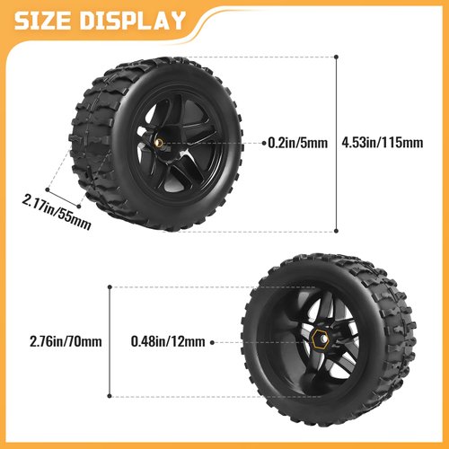FriHobby Pre-Glued 1/10 Scale RC Truck Wheels and Tires 12mm Hex 2.8 RC MT Tires Compatible with Traxxas Stampede Rustler Hoss Redcat Volcano Blackout XTE 1/10 RC Monster Truck 2S-4S Brushless Power