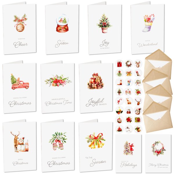 JOYIN 24 PCS Christmas Cards with Envelopes and Stickers, 12 White Different Designs Simplicity Bulk Xmas Greeting Cards 4" x 6" Inches for Wintertime Season, present Giving to Friends and Family
