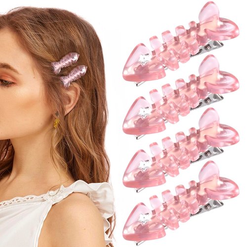HINZIC 4pcs Fish Bone Hair Clips, Translucent Pink Small Barrettes, Resin No Crease Bangs Kawaii Hairpin, Duckbill Hair Accessories for Women Girls Toddlers Birthday Christmas Party