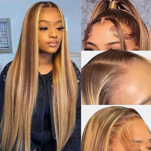 Omber Lace Front Wig Human Hair 13x6 HD Transparent Straight Lace Front Wigs Human Hair Pre Plucked 180% Density Glueless 4/27 Colored Honey Blonde Human Hair Wig for Black Women (4/27, 24Inch)