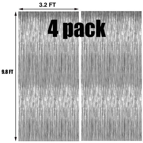 Silver Foil Fringe Curtains Metallic Tinsel Shimmer Curtain Party Backdrop Decorations,Pack of 4