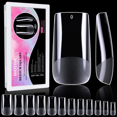 HIOTIOL Medium Square Nail Tips, 552Pcs Soft Gel Full Cover Nail Tips for Soak off Nail Extensions, Half Matte Clear False Gel Nail Tips for Nail Salons and DIY Nail Art, 12 Sizes