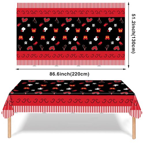 ANFGANC 3pc Mouse Tablecloth Mouse Party Supplies Disposable Black and Red Mouse Head Plastic Table Cover for Boys 1st,Oh Twodles Birthday,Baby Shower,Mouse Party Decorations 220x130cm