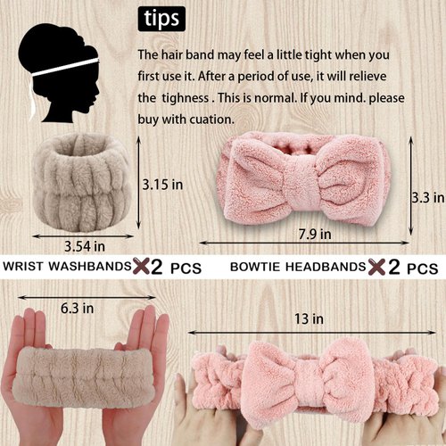 LAPOHI 4 PCS Spa Headband Wrist Washband Scrunchies Cuffs for Washing Face, Towel Wristbands Hair band for Women Girls Makeup Prevent Liquids from Spilling Down Your Arms