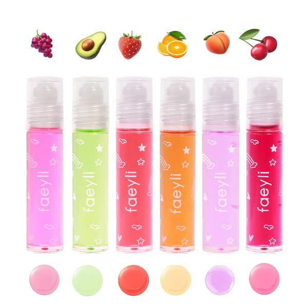 Bekoeen 6PCS Roll On Lip Gloss Set, Fruity Flavors Moisturizing Lip Oil,Kids Lip care,Transparent Plumping Lip Gloss,Kid Friendly, Party Gift