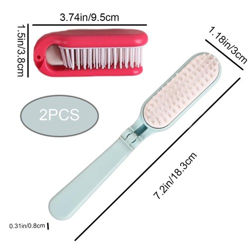 2Pcs Folding Hair Brush Hair Comb Portable Mini Massage Hair Brush Anti-Static Anti-knot for Women & Girls Size for Handbag (rose&blue)
