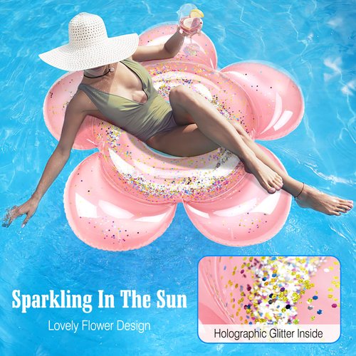 HeySplash Inflatable Swim Rings with Glitter, Flower Shaped Summer Swimming Pool Float Loungers Tube Ring Floatie, Water Fun Beach Party Toys for Kids - Rose Gold