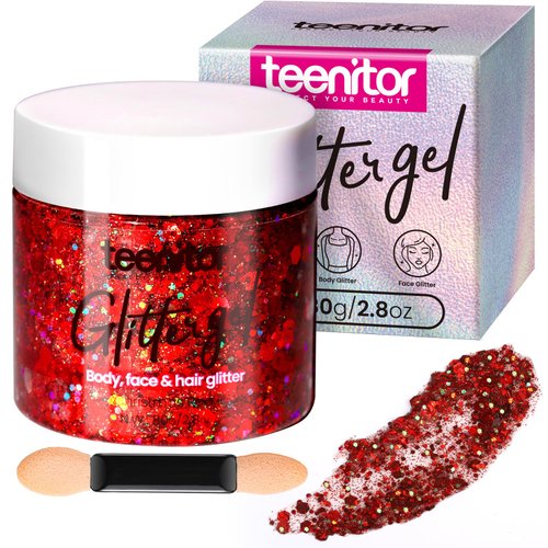 Teenitor Body Glitter, Red Glitter, Body Glitter Gel, Hair Glitter, Face Glitter, 80g/2.8oz Red Glitter Gel for Face, Makeup, Hair, Eye