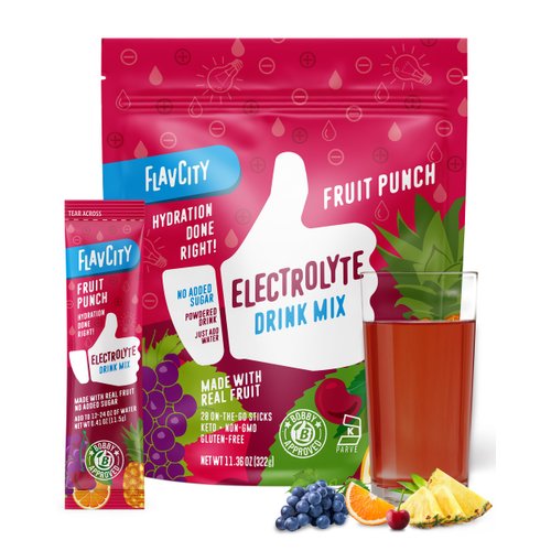 FlavCity Fruit Punch Electrolyte Drink Mix, 28 On-The-Go Stick Packs - Healthy Electrolytes Powder Packets Made with Real Fruit - Keto Powdered Drink with No Added Sugar, Gluten-Free