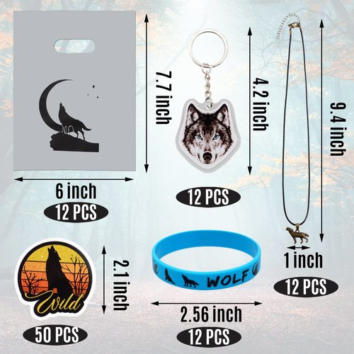 BANBALLON 98 PCS Wolf Party Favors Cool Wolf Necklace Goodie Bags with Wolf Keychains, Stickers, Rubber Bracelets, and Wolf Bags for Wolf Themed Birthday Party Baby Shower Holiday