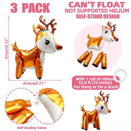 4D Deer Airwalker Walking Animal Balloon For Christmas Party Supplies Baby Showers Gender Reveal Birthday Decor, 3 Pack Self-Stand Reindeer Balloons Forest Critter Buck or Doe Deer Mylar Foil Balloons