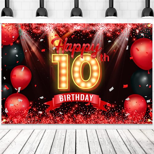 Happy 10th Birthday Banner Backdrop Red and Black 10 Years Old Background Bday Decorations for Girls Boys Photography Party Supplies Glitter