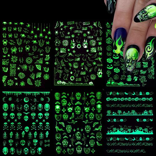 Halloween Nail Art Stickers, Luminous Nail Design Glow in The Dark Nail Decals, Day of The Dead Skull Witch Pumpkin Ghost Gross Spider Bat Nail Sticker for Holiday Women Manicure Decoration(6 Sheets)