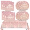 Juhap 41Pcs Rose Gold Birthday Party Decorations Pink Rose Gold Theme Birthday Party Supplies Birthday Tableware Includes 20 Plates 20 Napkins and 1 Tablecloth for Girls Women