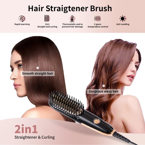 Doortian Mini Hair Straightening Iron with Built-in Comb for Travel, Portable Hair Straightener Brush, Ionic Hot Comb Straightener for Women (Black)