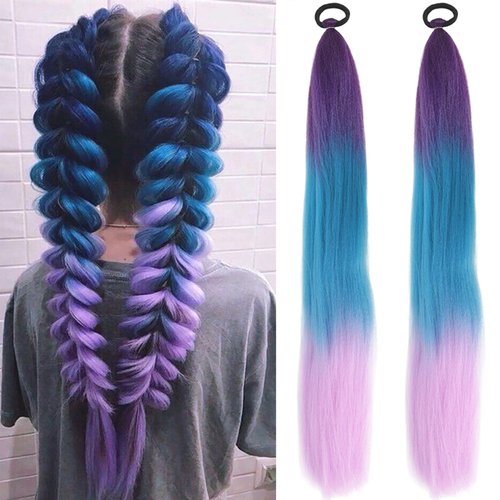 Blue Pink Braided Hair Ponytail Extensions Festival Rave Colorful Hair Extensions for Braids Top Elastic Wrap and Natural Soft Braiding Hair Extension Ombre Synthetic Braid Hair Extensions for Women
