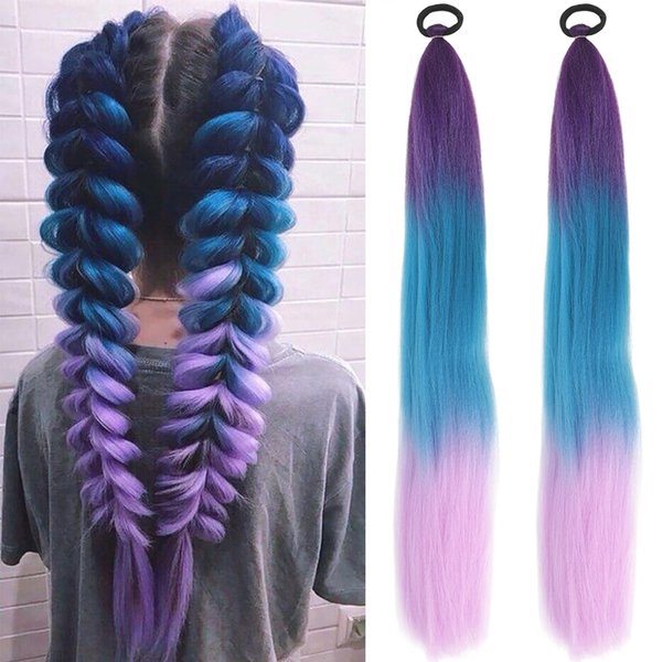 Blue Pink Braided Hair Ponytail Extensions Festival Rave Colorful Hair Extensions for Braids Top Elastic Wrap and Natural Soft Braiding Hair Extension Ombre Synthetic Braid Hair Extensions for Women