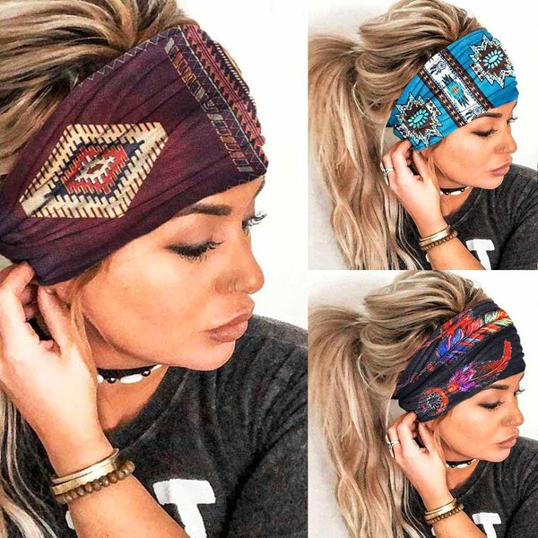 GORTIN Boho Headbands Green Stretch Wide Hair Bands Feather Print Turban Headband Yoga Head Wraps Elastic Head Band for Women and Girls Pack of 3 (Set 3)