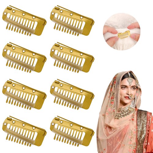 8pcs Wig Clip with Safety Pin, Safety Pin Hair Clip Hair Extension Clips Comb No Sew Teeth Snap Hair Clips Chunni Grip Dupatta Clips for Woman Tikka (Gold)