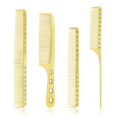 4 Types Professional Aluminum Dressing Comb Metal Comb Cutting Combs Set for Barber Hair Styling, Included Fine Cutting Comb, Rat Tail Comb, Detangling Comb, Handle Comb - Gold