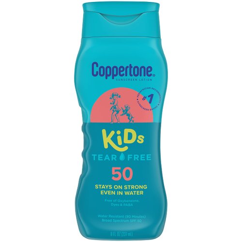 Coppertone Kids Sunscreen Lotion SPF 50, Water Resistant Sunscreen for Kids, #1 Pediatrician Recommended Sunscreen Brand, Tear Free Sunscreen Lotion, 8 Fl Oz Bottle
