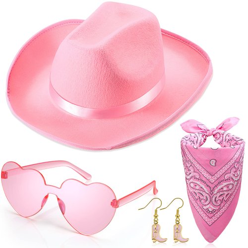 Syhood 4 Pcs Cowgirl Hats Party for Girl Women Cowgirl Hat with Heart Glasses and Bandana Cowboy Costume Dress Party Supplies(Pink, Elegant Style)