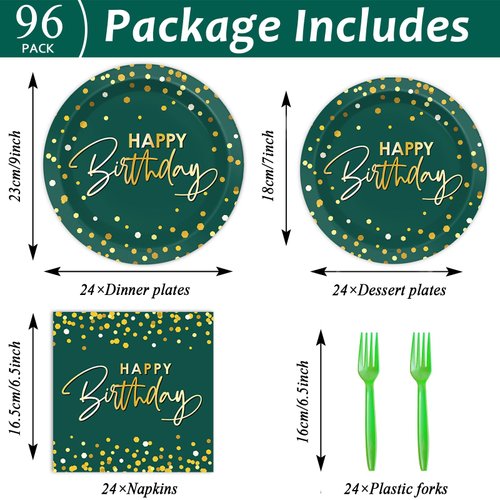 Wiooffen 96PCS Green Gold Birthday Paper Plates and Napkins Party Supplies Happy Birthday Party Decorations Disposable Birthday Party Tableware Dinnerware Set for Women Men Birthday Serves 24 Guests