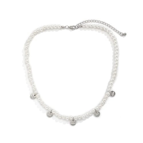Jumwrit Dainty Pearl Necklace Adjustable Disc Necklace Love Necklace Vintage Costume Accessories for Women（Silver）