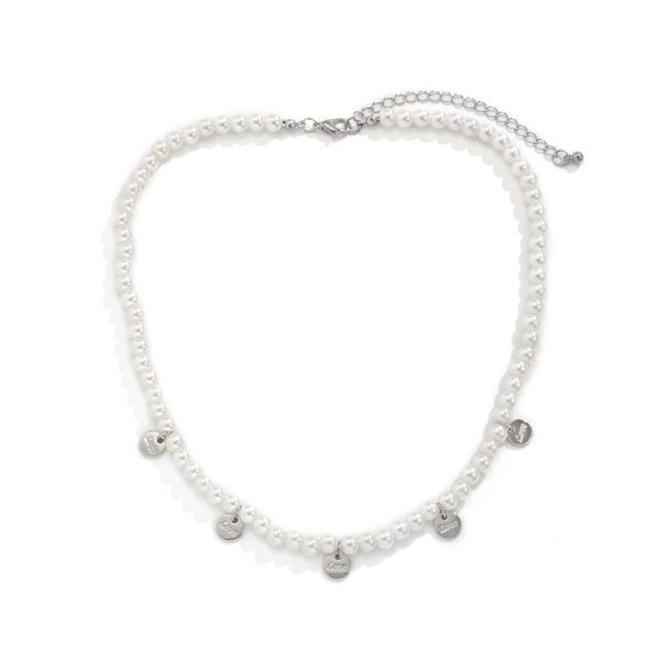 Jumwrit Dainty Pearl Necklace Adjustable Disc Necklace Love Necklace Vintage Costume Accessories for Women（Silver）