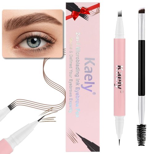 evpct Kaely 1Pcs Midium Brown Magic Microblading Dual-Ended Eyebrow Contouring Pen Brow Pencil, with 4 Brush Micro-Fork-Tips Applicator and Precise Brush-Tip Hair Like Stroke, Dual-ended Eyebrow Brush