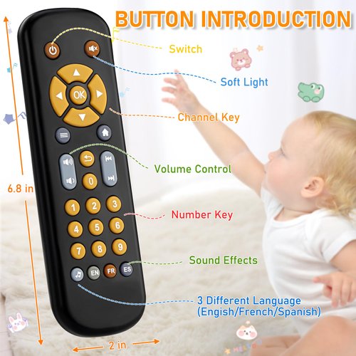 Avkast Baby TV Remote Control Toy 6 Month+, Toddler Realistic Remote Toy with Sound and Light, Early Educational Music Toys with 3 Languages English French Spanish for Infant Boys Girls 6 12 18 months