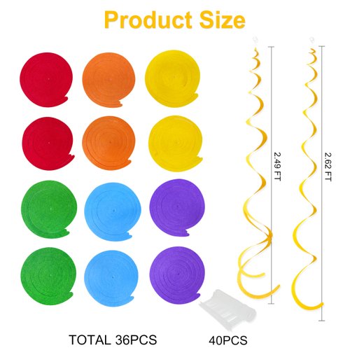 36 Pcs Rainbow Hanging Swirl Decorations Colorful Felt Swirl Streamer Spiral Ceiling Decorations Garland for Birthday Wedding Bridal Shower Baby Shower Carnival Fiesta Festival Party Supplies