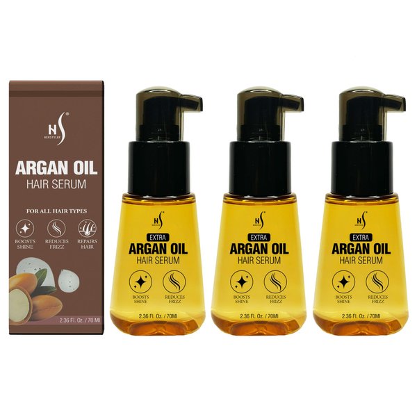 HerStyler Advanced Argan Oil Hair Serum - Hair Serum for Frizzy and Damaged Hair - Hair Serum for Dry Hair - Frizzy Hair Serum with Vitamin E and Aloe Vera - 2.36 Fl Oz / 70 Ml each - Pack of 3