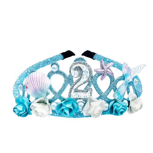 Vovii 2nd Birthday Tiara for Girls Mermaid Dazzling Pearls Headband for Little Girls Blue Mermaid Princess Tiara Seashell Supplies for Birthday Party Decorations