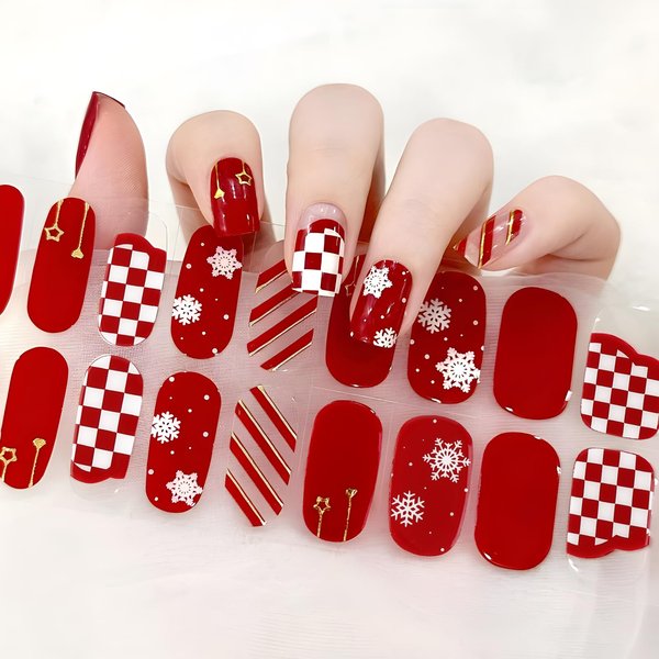 22pcs Semi Cured Gel Nail Strips Christmas Red White Snowflakes Holiday Gel Nail Wraps Including Nail File Wood Stick (Red)