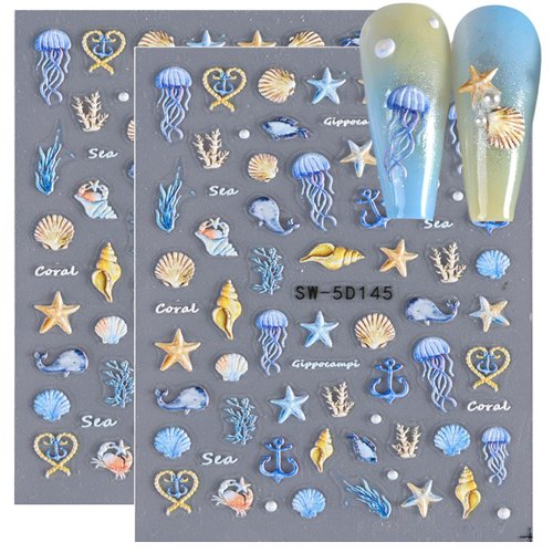 5D Ocean Theme Nail Art Stickers Self Adhesive Embossed Marine Life Nail Decals Seashell Starfish Nail Art Decorations Summer Nails Adhesive Sliders Nail Salons