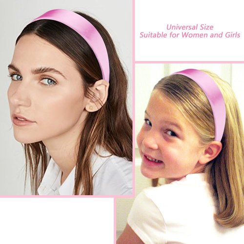 AHONEY Pink Headband for Women Girls Satin Silk Headband Non Slip 1.57" Wide Plain Head Band Solid Hair Band DIY Halloween Costume Holiday Fasion Hair Accessories Gifts