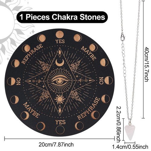 INFUNLY Witch Pendulum Board Eyes Runes Wooden Dowsing Planchette Board 7.9" Metaphysical Message Board with Pendulum Crystal Necklace for Beginners, Witchcraft Altar Supplies
