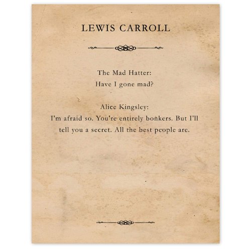 Lewis Carroll Alice in Wonderland Mad Hatter Quote Print, 1 (11x14) Unframed Typography Book Page Photos, Wall Art Decor Gift for Home Office School Student Teacher Coach Literary Fans