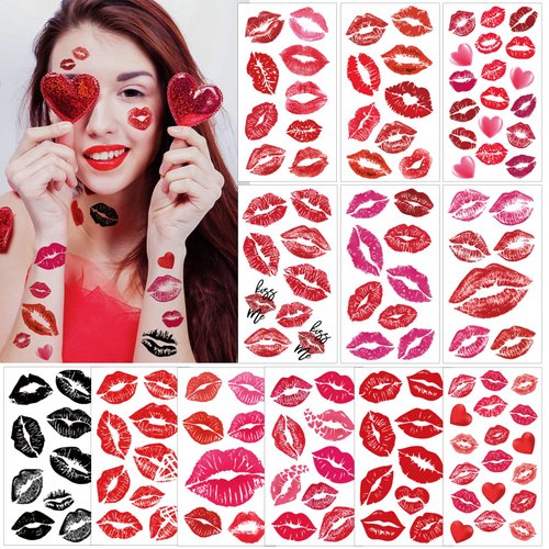 12 Sheets Red Lip Prints Temporary Waterproof Tattoo Sticker，Valentine's Day Red Purple Black Lip Prints Temporary Tattoos for Kids Women, Valentine's Day Party Supplies Party Games Gifts Decorations