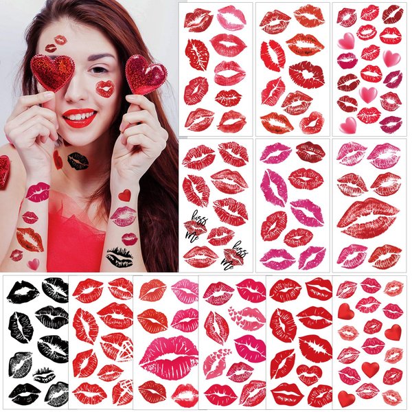 12 Sheets Red Lip Prints Temporary Waterproof Tattoo Sticker，Valentine's Day Red Purple Black Lip Prints Temporary Tattoos for Kids Women, Valentine's Day Party Supplies Party Games Gifts Decorations