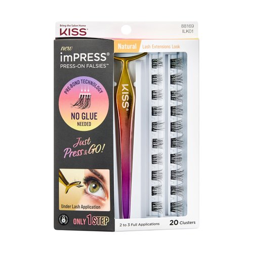 KISS imPRESS Falsies False Eyelashes, Lash Clusters, 'Natural', 12 mm, Includes 20 Clusters, 1 applicator, Contact Lens Friendly, Easy to Apply, Reusable Strip Lashes