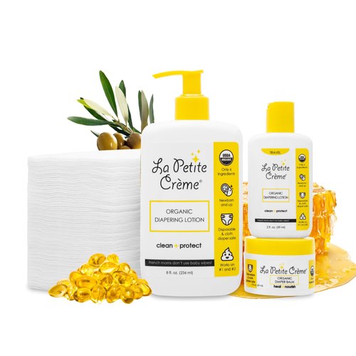 La Petite Creme Premium French Diapering Gift Set: Includes Organic Diapering Lotion (8 oz), Travel-size Liniment Baby Lotion (2 oz), 1 Travel-size Diaper Balm (1 oz), 50 Disposable Cotton Pads