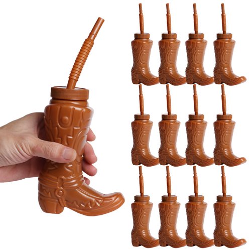 Fxswety Cowboy Boot Cups 10 Ounces Plastic Cowboy Cups with Straws and Lids for Rodeo Party Favors and Western Themed Party Supplies(12Pcs)