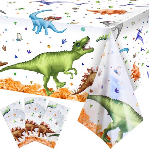 3 Pieces Dinosaur Tablecloth Watercolor Dinosaur Party Table Cover Dinosaur Plastic Tablecloth Dino Birthday Party Table Cover for Kid Birthday Baby Shower Party Decorations Supplies 54 x 108 Inch