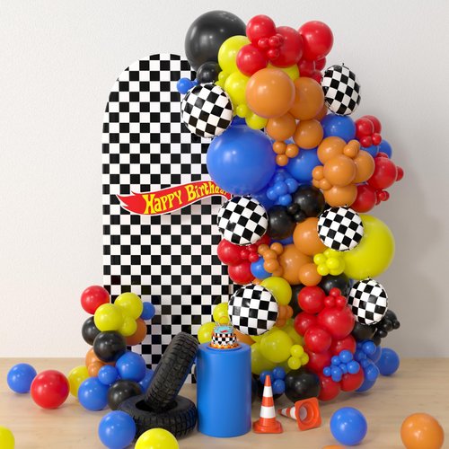 HYOWCHI Race Car Birthday Party Supplies - 153 Pcs Car Wheels Birthday Balloon Garland Arch Kit, Red Yellow Blue Black Checkered Foil Balloon Arch For Racing Car Monster Party Decorations