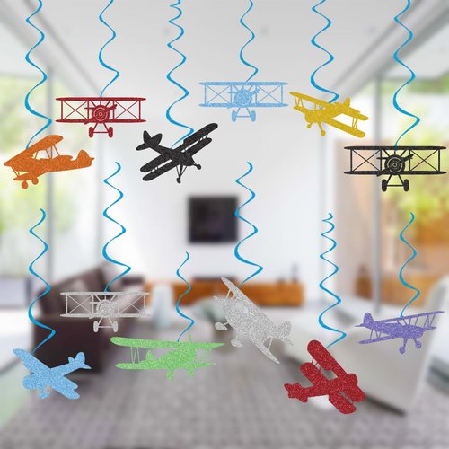 Airplane Party Decoration Hanging Swirls Retro Biplane Party Streamers Decor Supplies 24pcs Kids Birthday Party Decor Banner, Assembled and Ready to Use