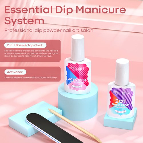 Modelones 5 Pcs Dip Powder Liquid Set with 2 in 1 Base & Top Coat and Activator, Dipping Powder System Essential Kit with nail tools for French Nail Art Manicure