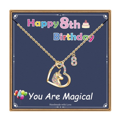 Hidepoo 8 Year Old Girl Birthday Gift, 14K Gold Plated Colorful CZ Heart Pendant Unicorn Necklace Girls' Jewelry Birthday Gifts for 8 Year Old Unicorns Gifts for Girls Daughter Jewelry Gift Idea